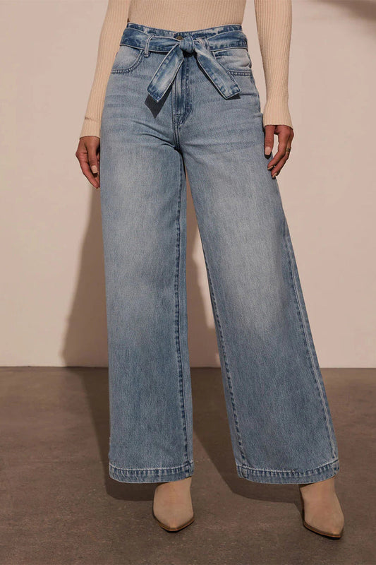 Gradient Color Distressed Lace Up High Waist Loose Denim Jeans