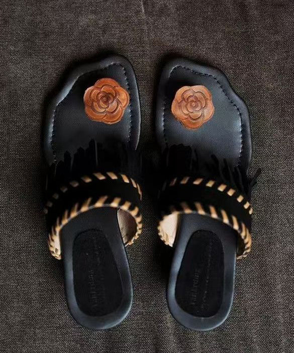 Stylish Black Tasseled Splicing Flip Flops Slide Sandals Ag1015