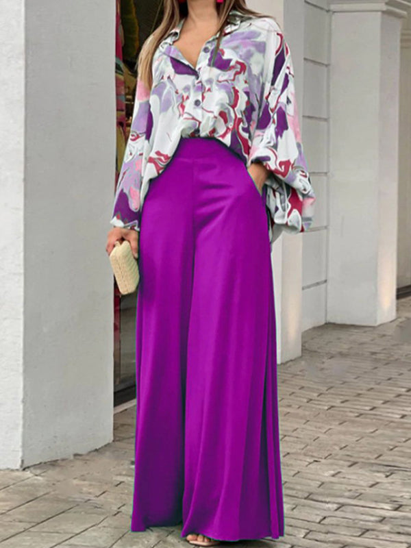 Long Sleeves Printed Blouses + High-waisted Color Wide Leg Pants Trousers Two Pieces Set