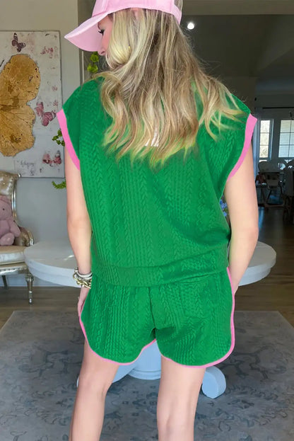 Vibrant Green Color Block Textured Shorts Set