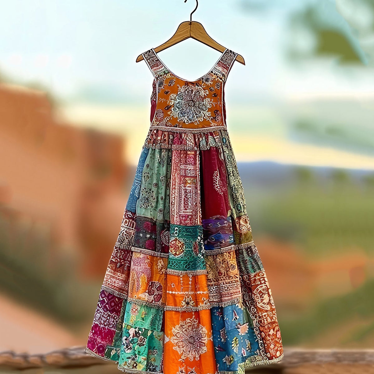 Women's Retro Colorful Tribal Style Holiday Contrast Color Midi Dress artswardrobe