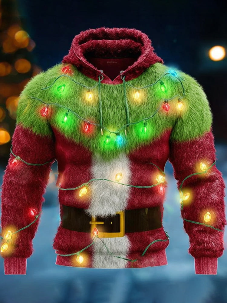 Comstylish Christmas Lights Santa Claus Contrasting Plush Hooded Sweatshirt