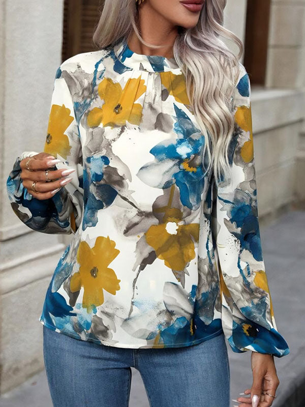 Long Sleeves Loose Elasticity Flower Print Pleated Mock Neck Blouses&shirts Tops
