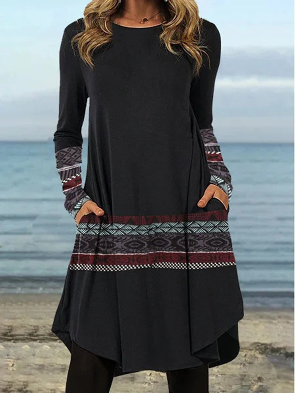 Long Sleeves Striped Contrast Color Printed Round-neck Mini Dresses