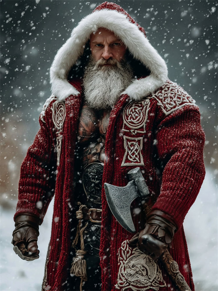 Comstylish Men's Christmas Viking Santa Celtic Knot Fur Trim Hooded Long Cardigan
