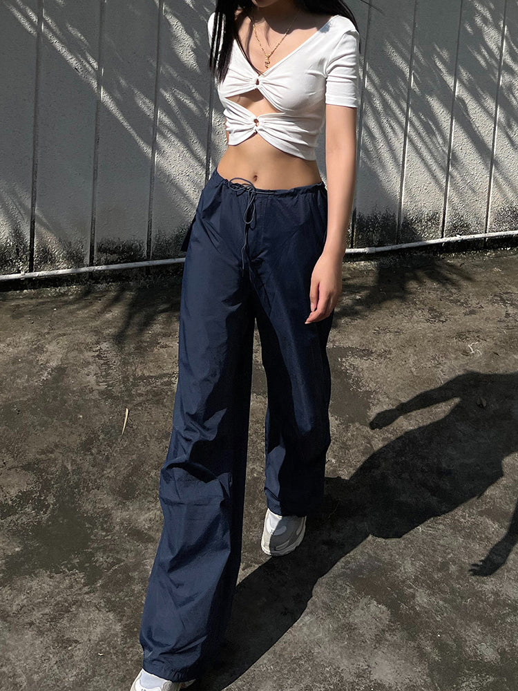 Summer Baggy Wide Leg Sweatpants Black Loose Drawstring High Waist Cargo Pants Hippie Joggers Trousers