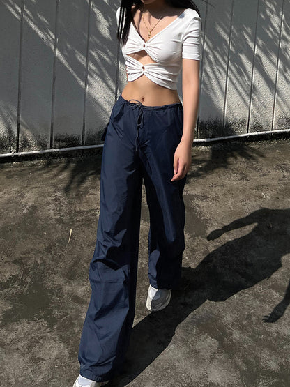 Summer Baggy Wide Leg Sweatpants Black Loose Drawstring High Waist Cargo Pants Hippie Joggers Trousers