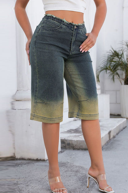Gradient Make Old Patchwork Pocket Buttons Zipper Mid Waist Loose Denim Shorts