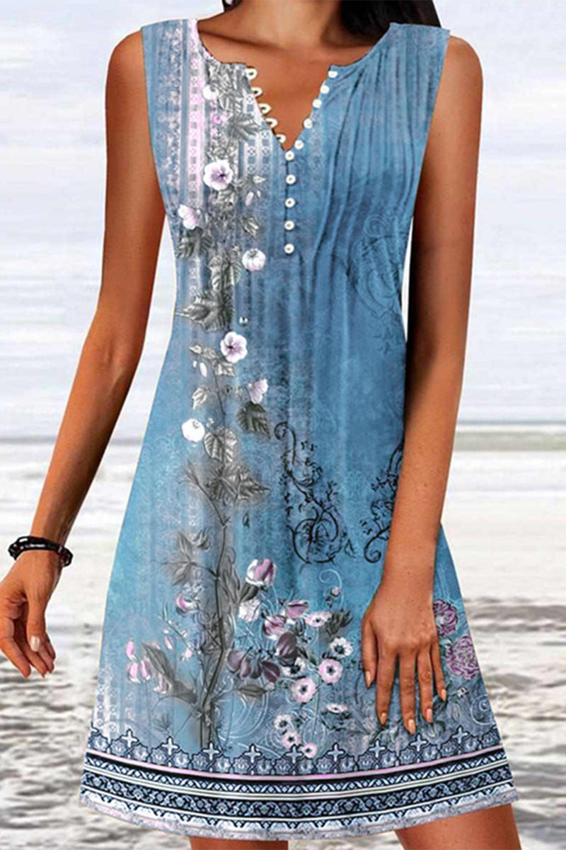 College Print Buttons V Neck Vest Dress Dresses
