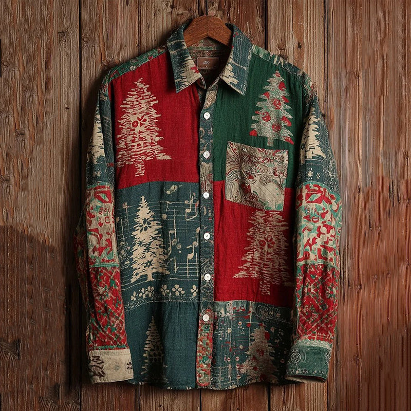 Comstylish Men's Vintage Musical Christmas Tree Colorblock Print Long Sleeve Shirt
