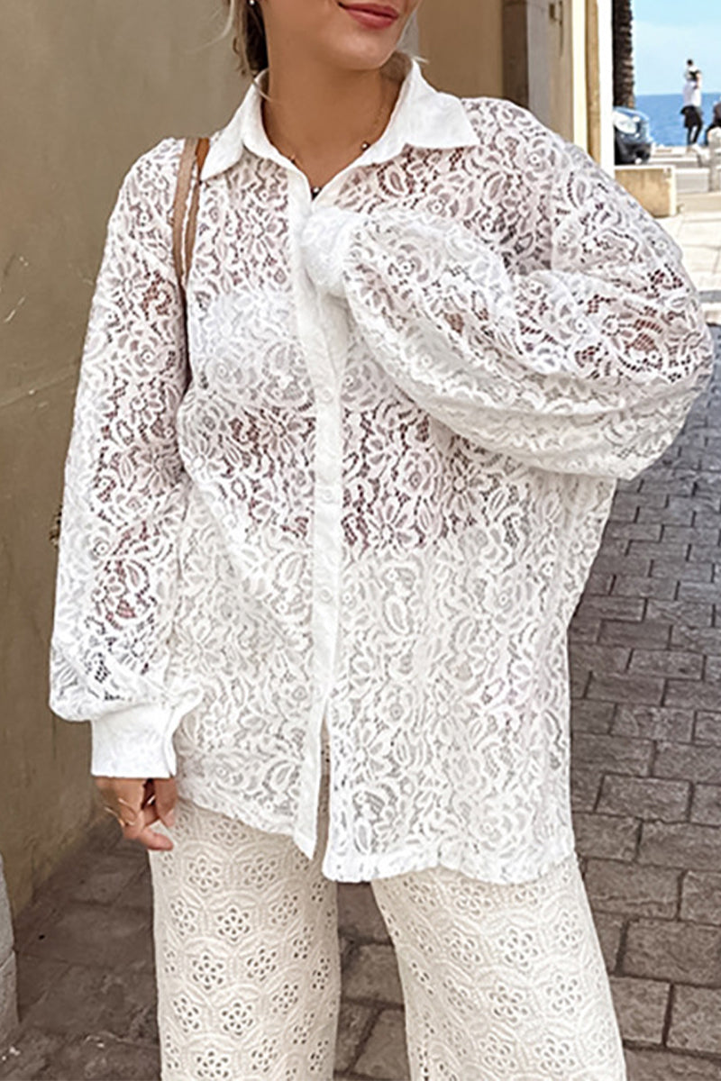 Lace Hollowed Out Turndown Collar Tops