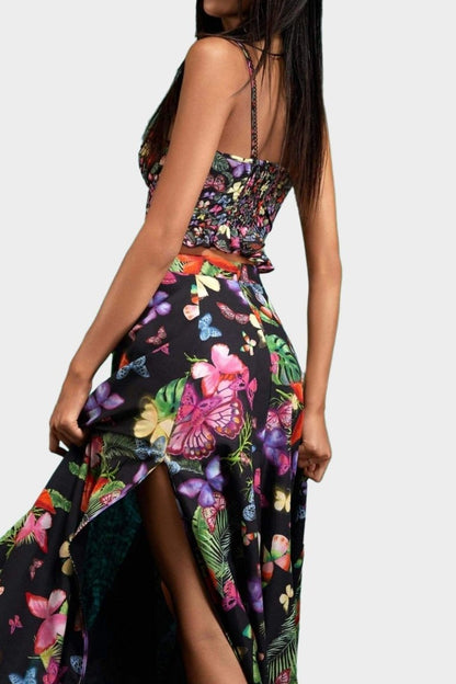 Butterfly Print Frill Mini Top ?high Waist Split Midi Skirt Set