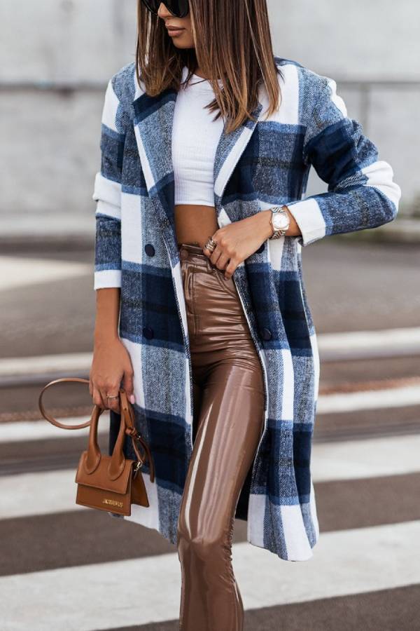 Mid Length Double Breasted Plaid Print Woolen Coat
