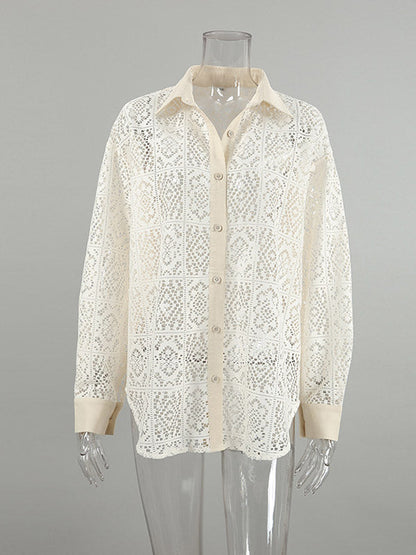 Long Sleeves Loose Buttoned Hollow See-through Color Sun Protection Lapel Collar Blouses&shirts Tops