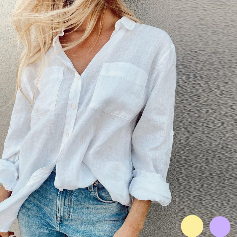 ’s Autumn Color Long Sleeve Collared Cotton Linen Blouse