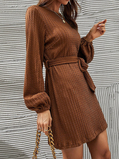 Long Sleeves Loose Hollow Color Tied Waist Round-neck Mini Dresses