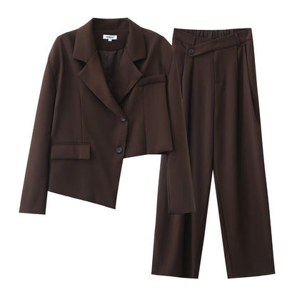 Autumn Winter Irregular Asymmetric Blazer High Waist Wide Leg Pants Set