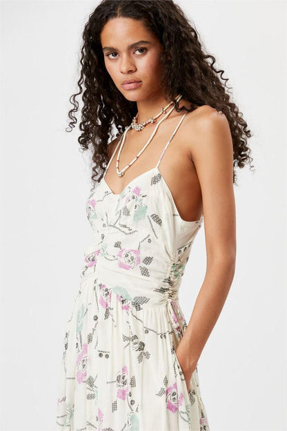 Lorna Printed Embroidered Flare Slip Maxi Dress