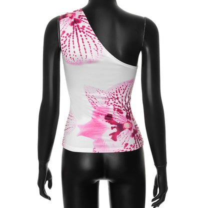 Cutenova Print Fitted Tops Resort Wear Graphic Tees Summer One Shoulder Slash Backless Tank Top