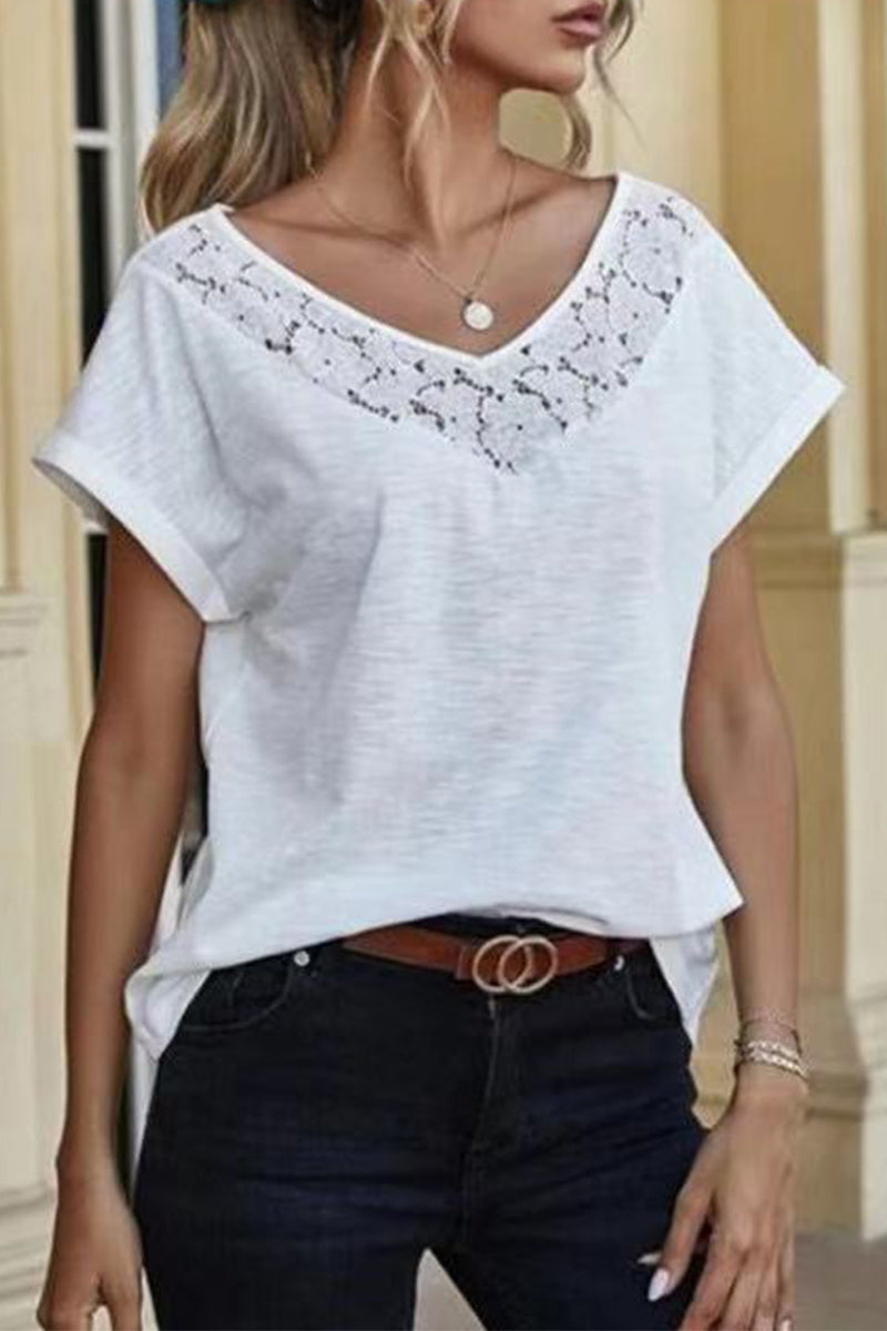 Lace Patchwork V Neck T-shirts(3 Colors)