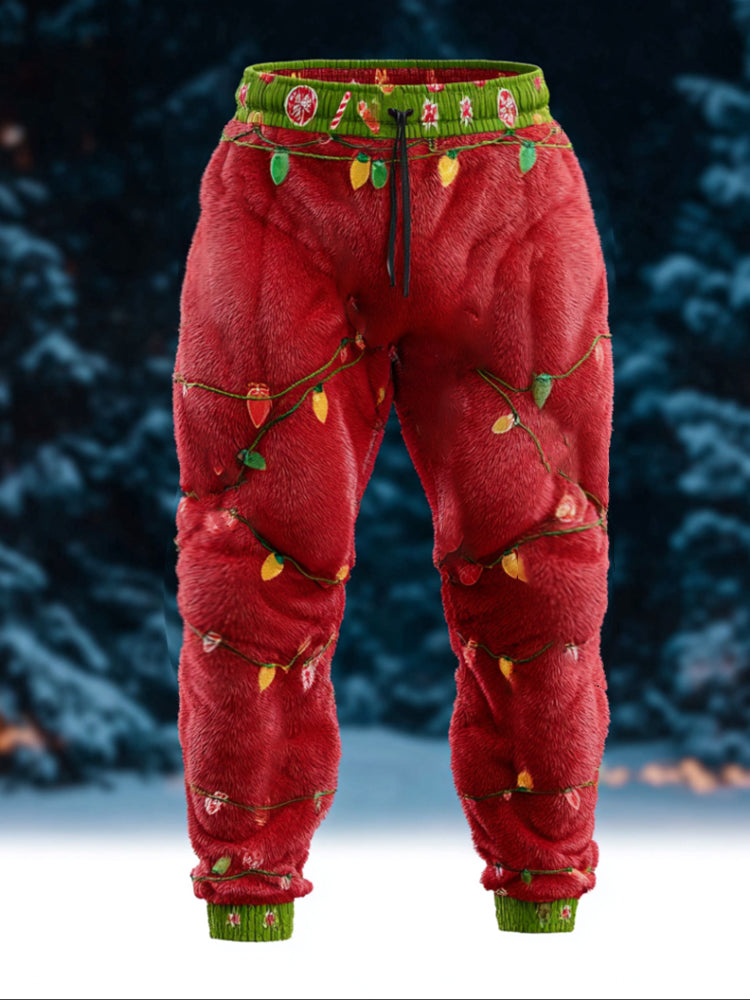 Comstylish Men's Christmas Lights Santa Claus Plush Sports Pants