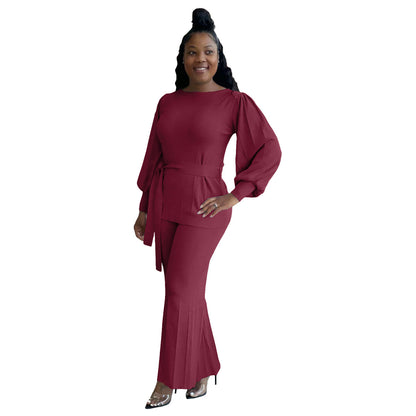 Urban Color Loose Lantern Sleeve Wide Leg Pants Set – Street Style Outfit