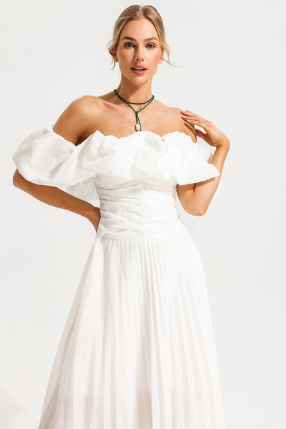 Off-shoulder Puff Sleeve Pleated Midi Dress White