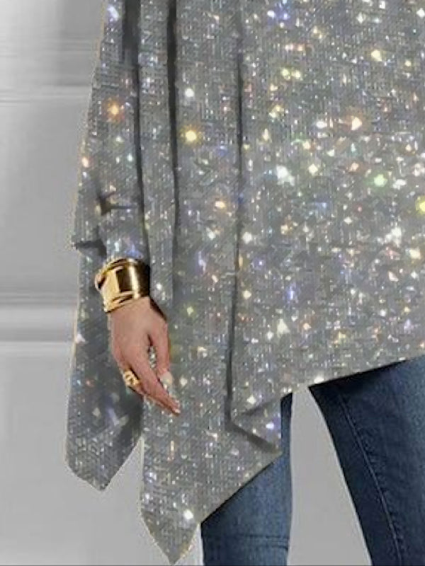 Long Sleeves Loose Printed Shiny High Neck T-shirts Tops