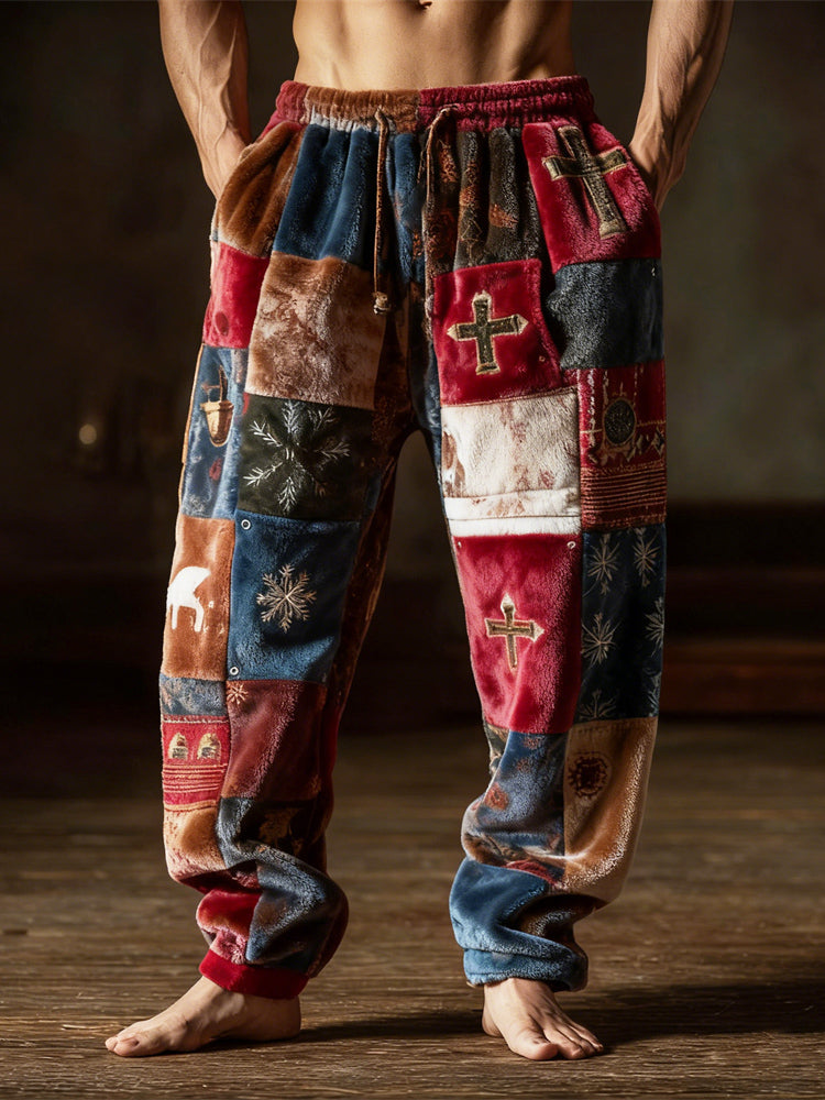 Comstylish Christmas Cross Snowflake Patchwork Design Men's Flannel Pants