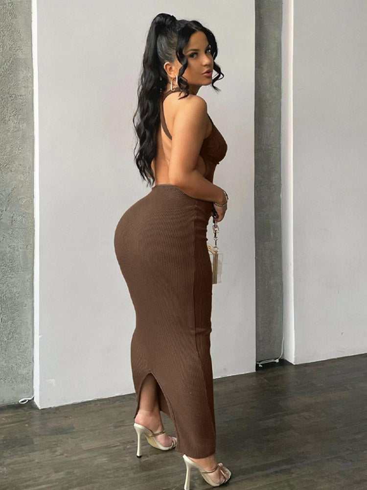 Ribbed Hollow Out Backless Sleeveless Slit Mini Dress Bodycon Summer Outfits Party Y2k