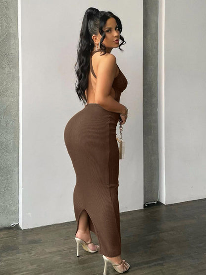 Ribbed Hollow Out Backless Sleeveless Slit Mini Dress Bodycon Summer Outfits Party Y2k