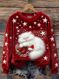 Christmas Sleeping Fuzzy Cat Stars Embroidered Cozy Plush Sweatshirt