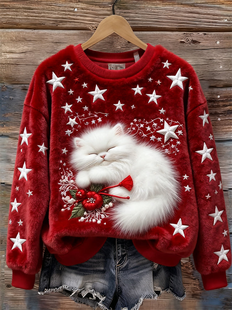 Christmas Sleeping Fuzzy Cat Stars Embroidered Cozy Plush Sweatshirt