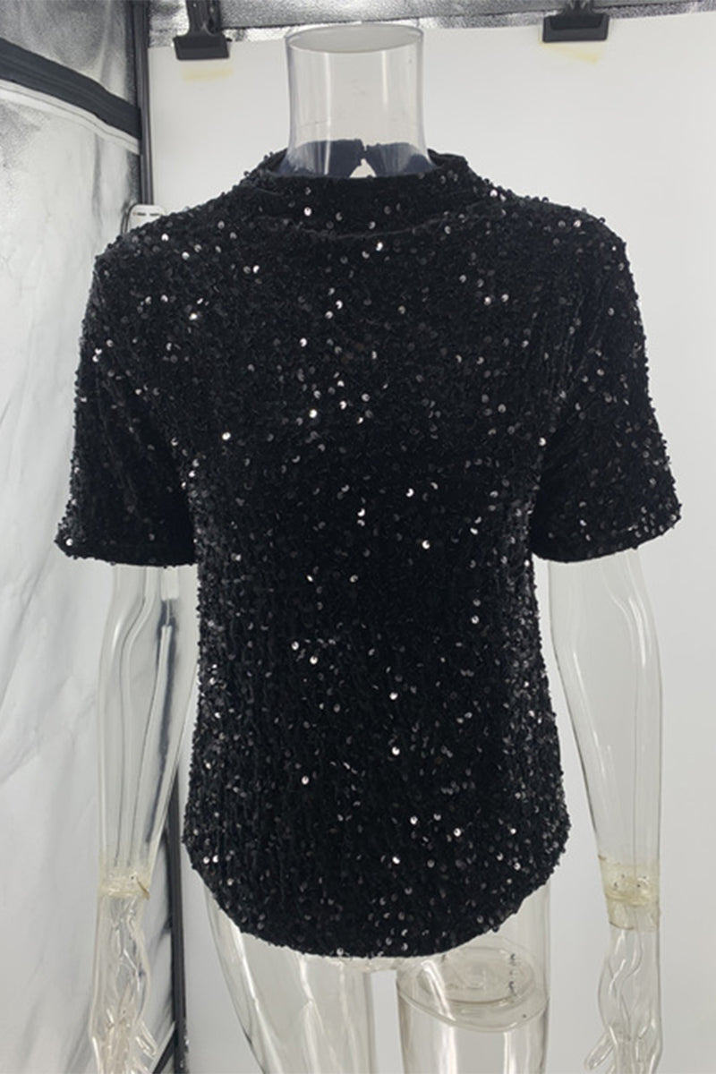 Sequins Sequined O Neck T-shirts