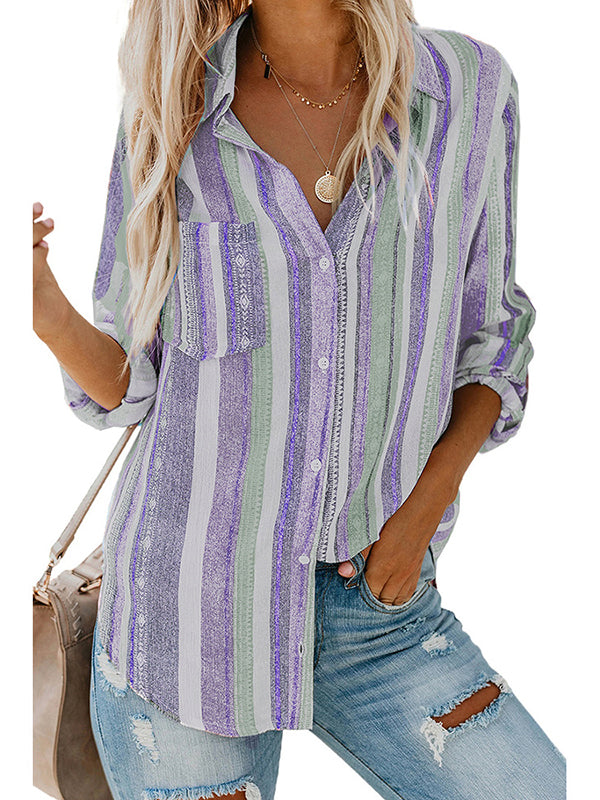 High-low Long Sleeves Buttoned Pockets Striped Lapel Blouses&shirts Tops