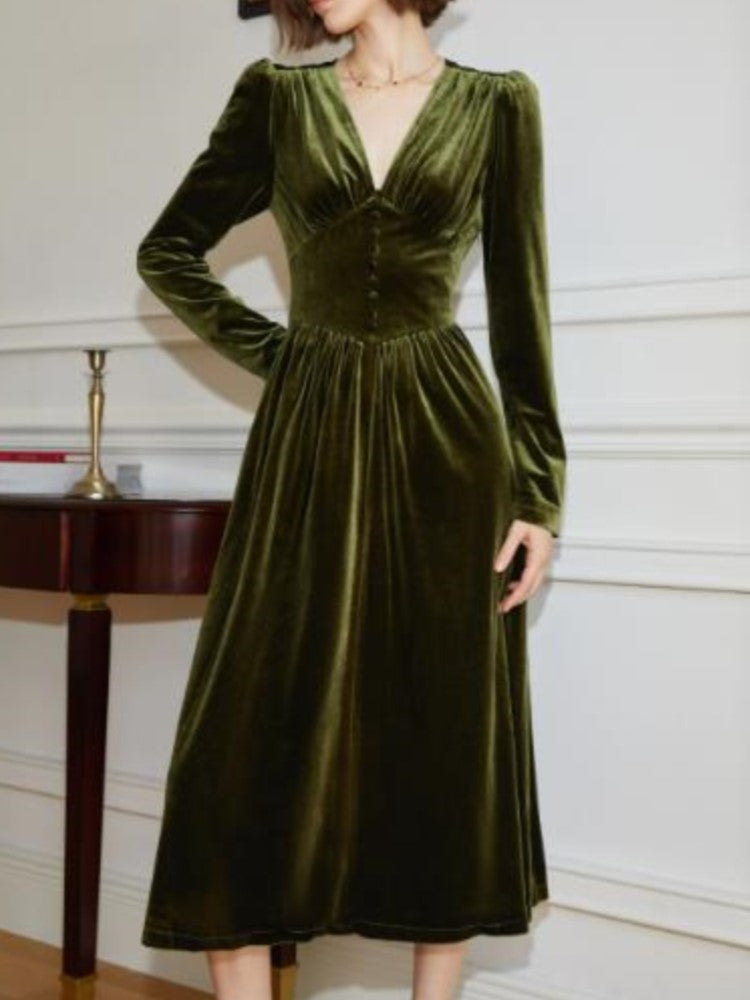 ’s Velvet Midi Dress Long Sleeve A-line French Party Dress Autumn Spring Prom Robe Vestidos Mujer New