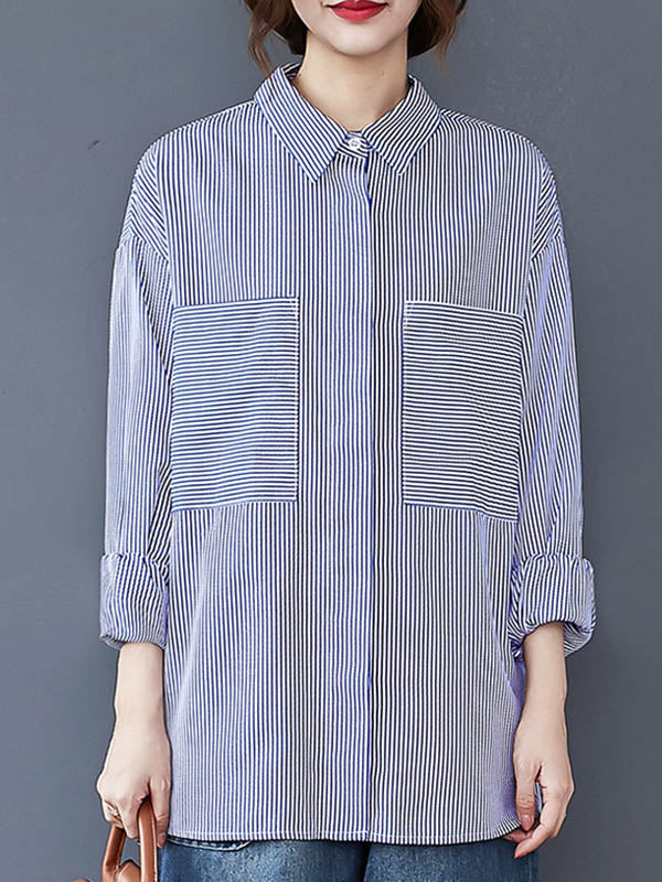 Loose Striped Split-joint With Pocket Lapel Collar Long Sleeves Blouse