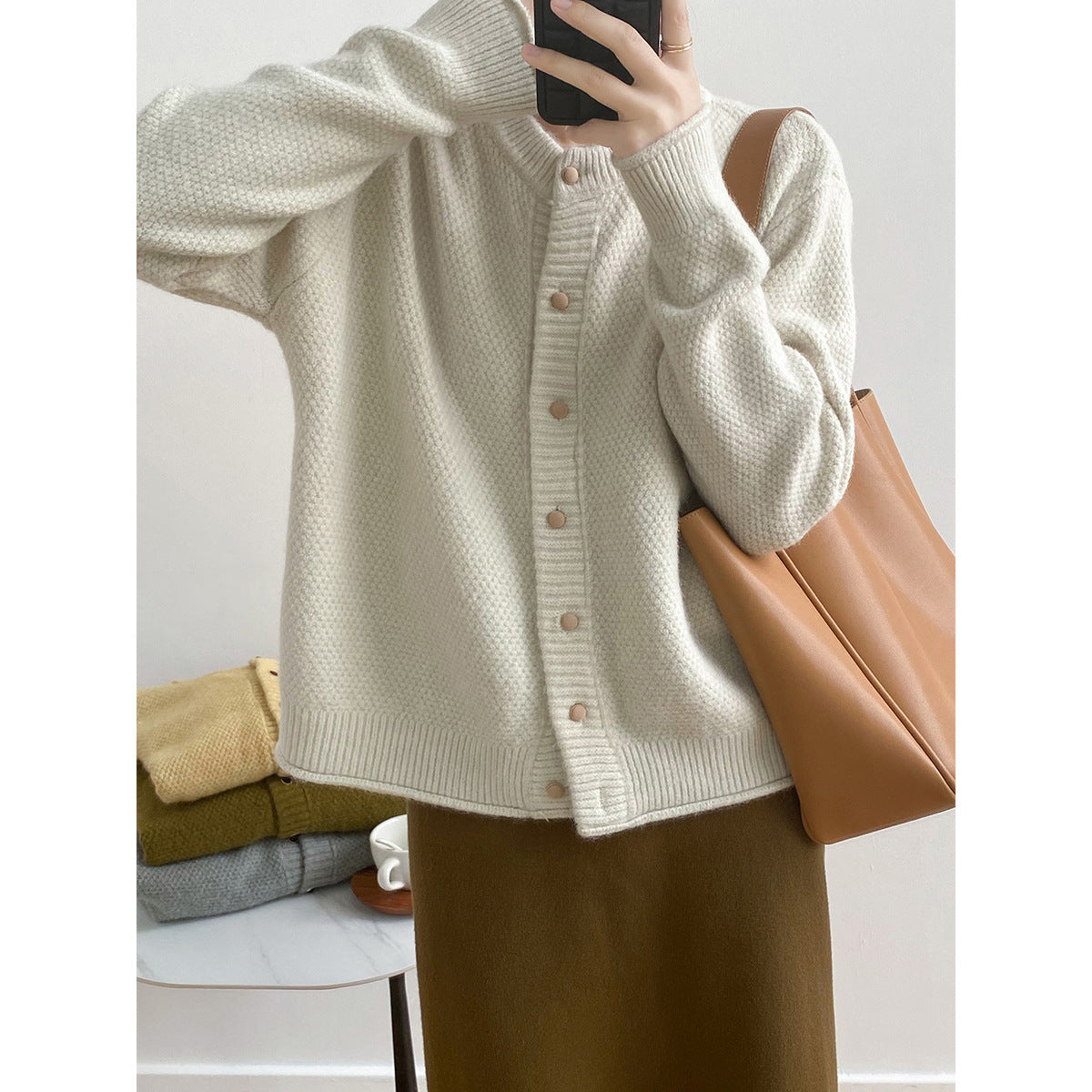 Lazy Round Neck Knitted Sweater for Autumn Minimalist Long Sleeve Loose Cardigan Coat