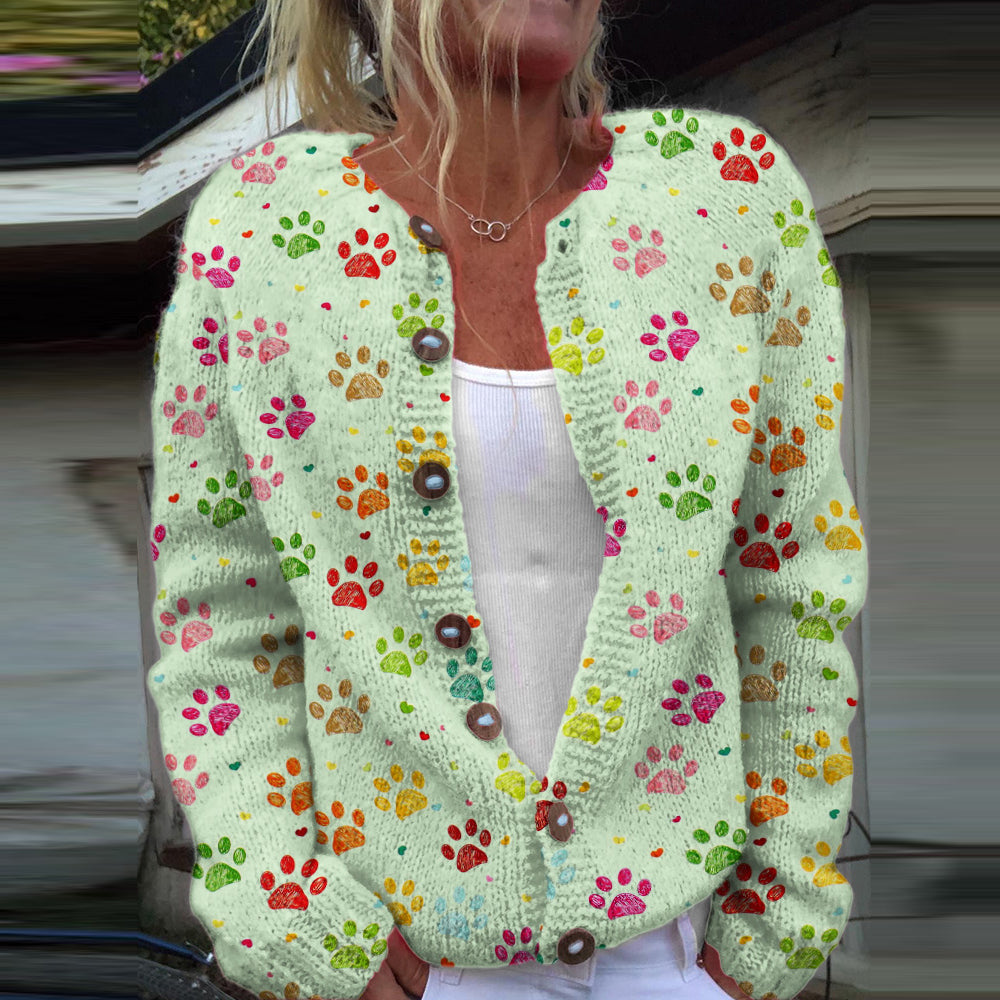 Comstylish Dog Paw Print Long Sleeve Casual Knitted Cardigan