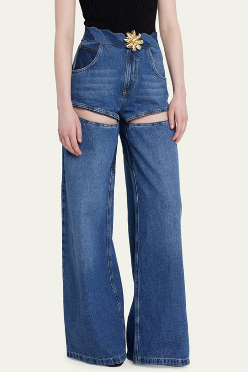 Patchwork Metal Accessories Decoration Contrast High Waist Regular Denim Jeans