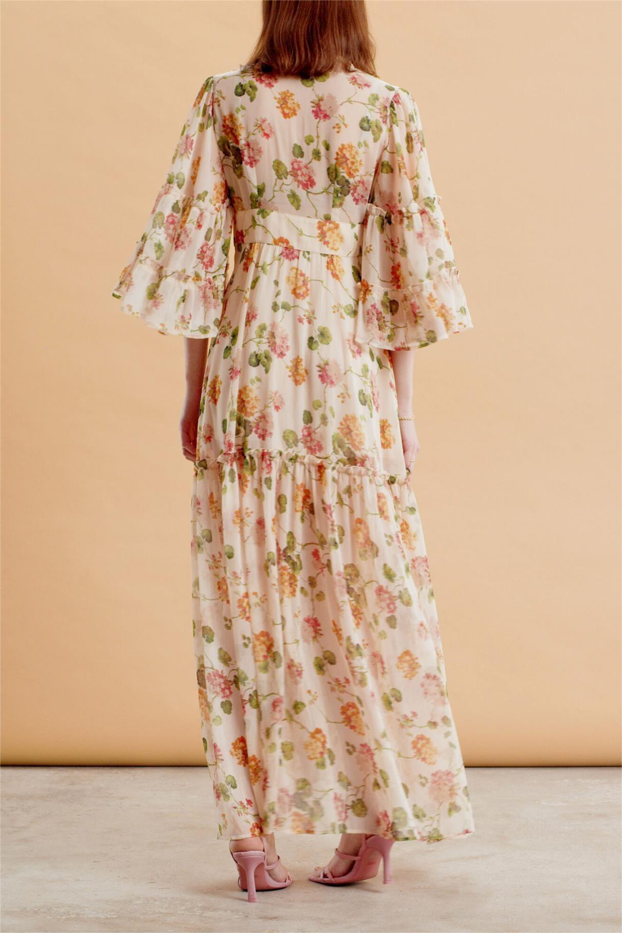 V-neck Mid Sleeve Maxi Dress