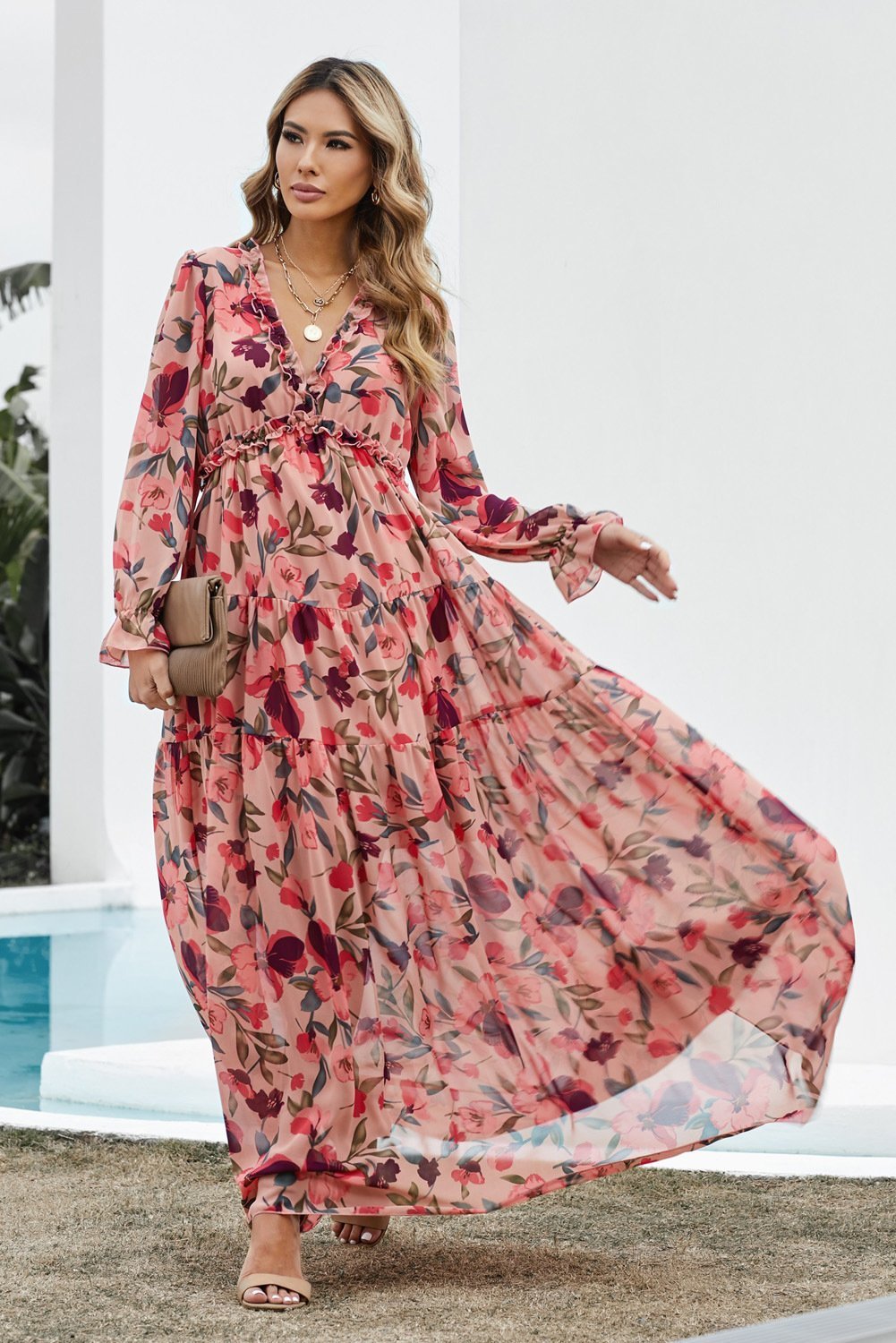Dale Printed V-neck Tiered Maxi Dress