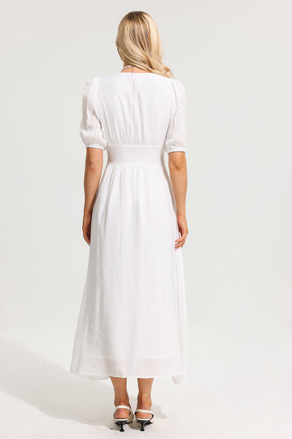 Puff Sleeve Split Midi Dress White