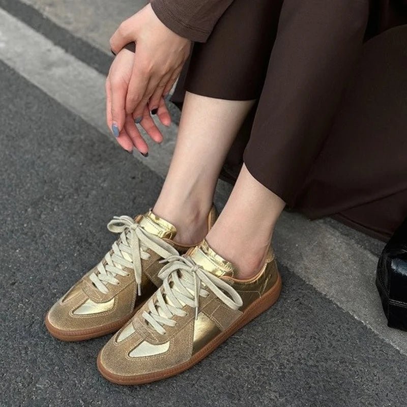 Genuine Leather Silver Sneakers - Lace-up Athletic Flats