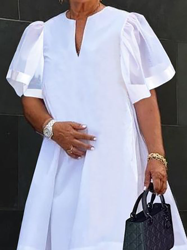 A-line Loose Mesh Pleated Color Split-joint V-neck Midi Dresses