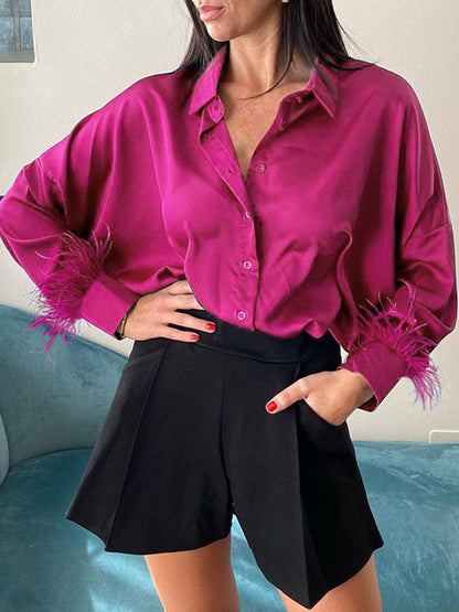 Loose Wrap Feathers Color Split-joint Lapel Collar Blouses&shirts Tops