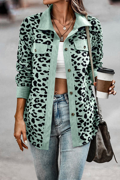 Sweet Leopard Pocket Turndown Collar Tops