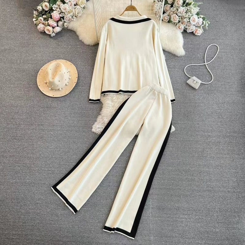 Spring and Autumn Chanel Style Suit Long Sleeved Contrast V Neck Knitted Cardigan High Waist Straight Wide Leg Pants Knitted Suit