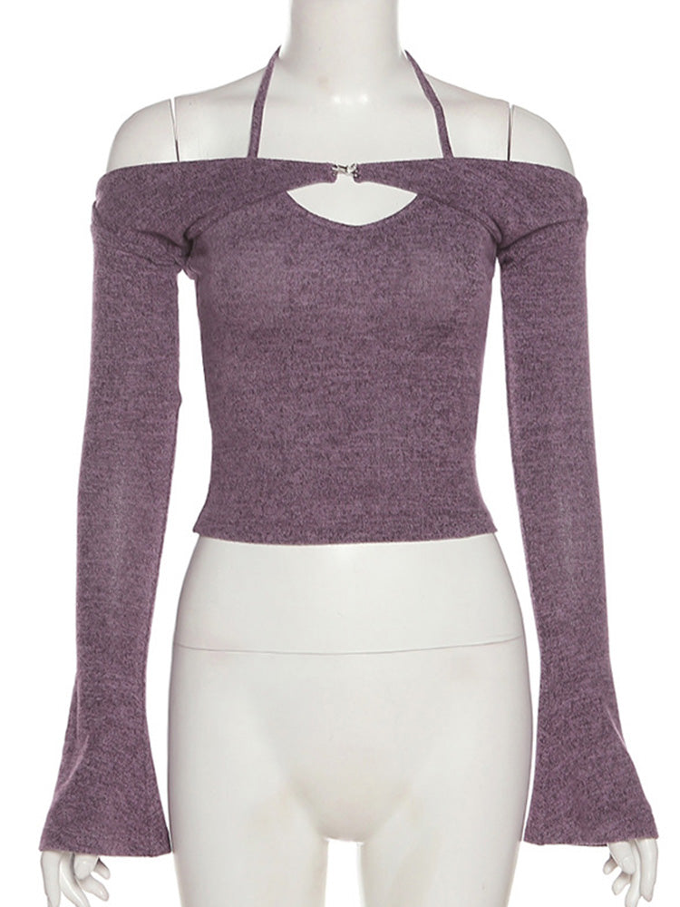 One-word Neck Intellectual Pure Color All-match Commuter Slim ’s Flared Sleeve Short Top