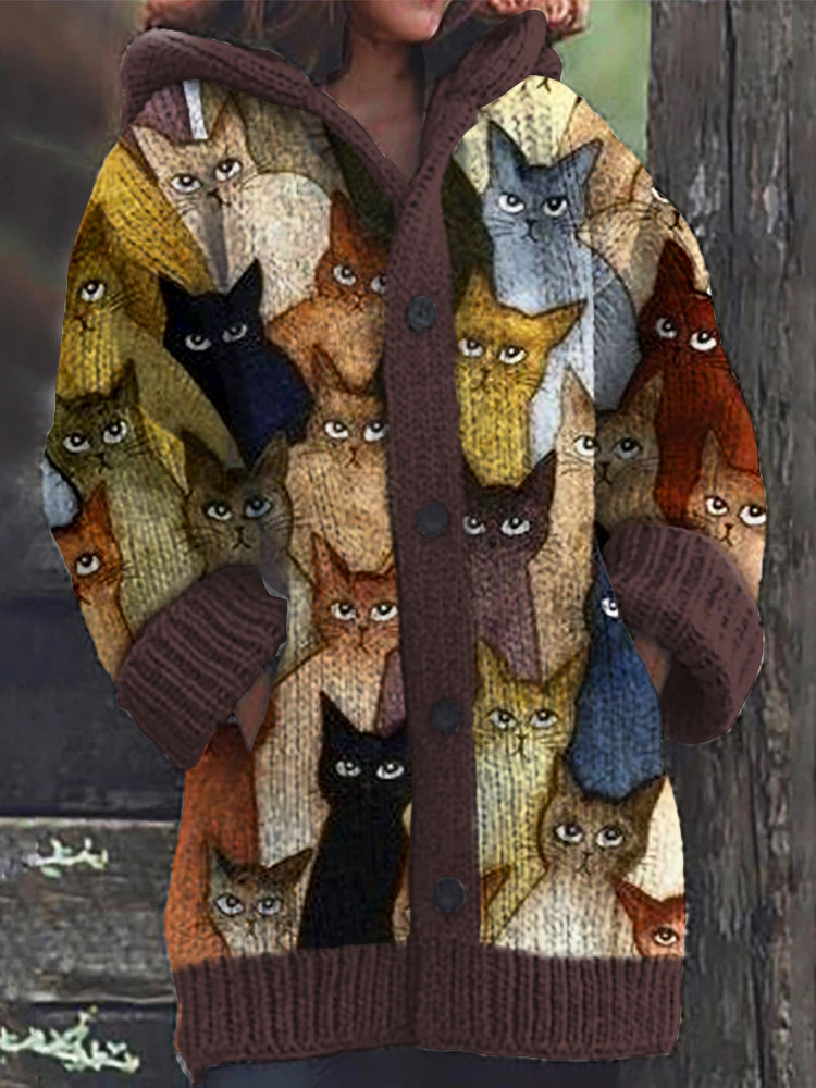 Colorful Cats Pattern Cozy Hooded Cardigan artswardrobe